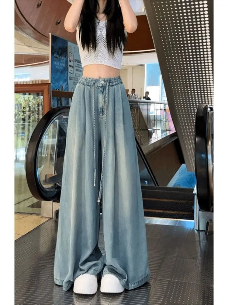 Women's Wide Leg Jeans, Summer Drape Elastic Boyfriend Trousers