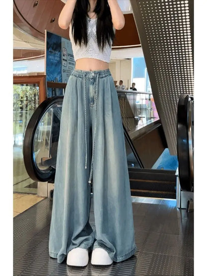Women's Wide Leg Jeans, Summer Drape Elastic Boyfriend Trousers