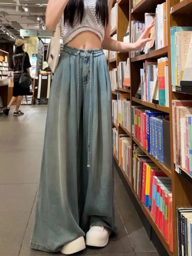Women's Wide Leg Jeans, Summer Drape Elastic Boyfriend Trousers