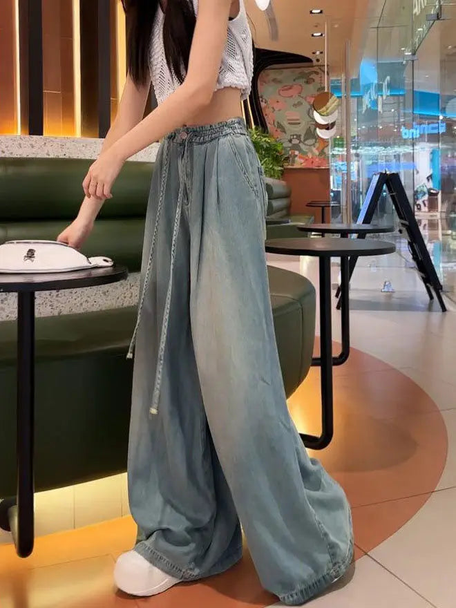 Women's Wide Leg Jeans, Summer Drape Elastic Boyfriend Trousers