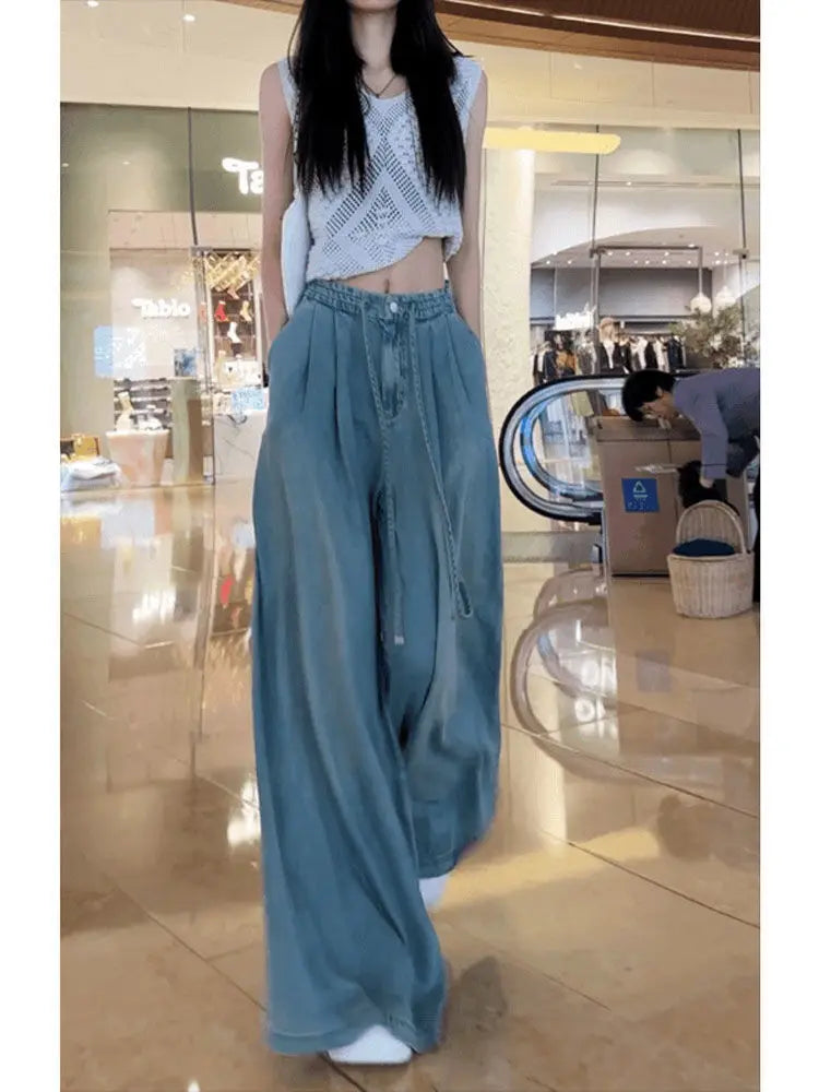 Women's Wide Leg Jeans, Summer Drape Elastic Boyfriend Trousers